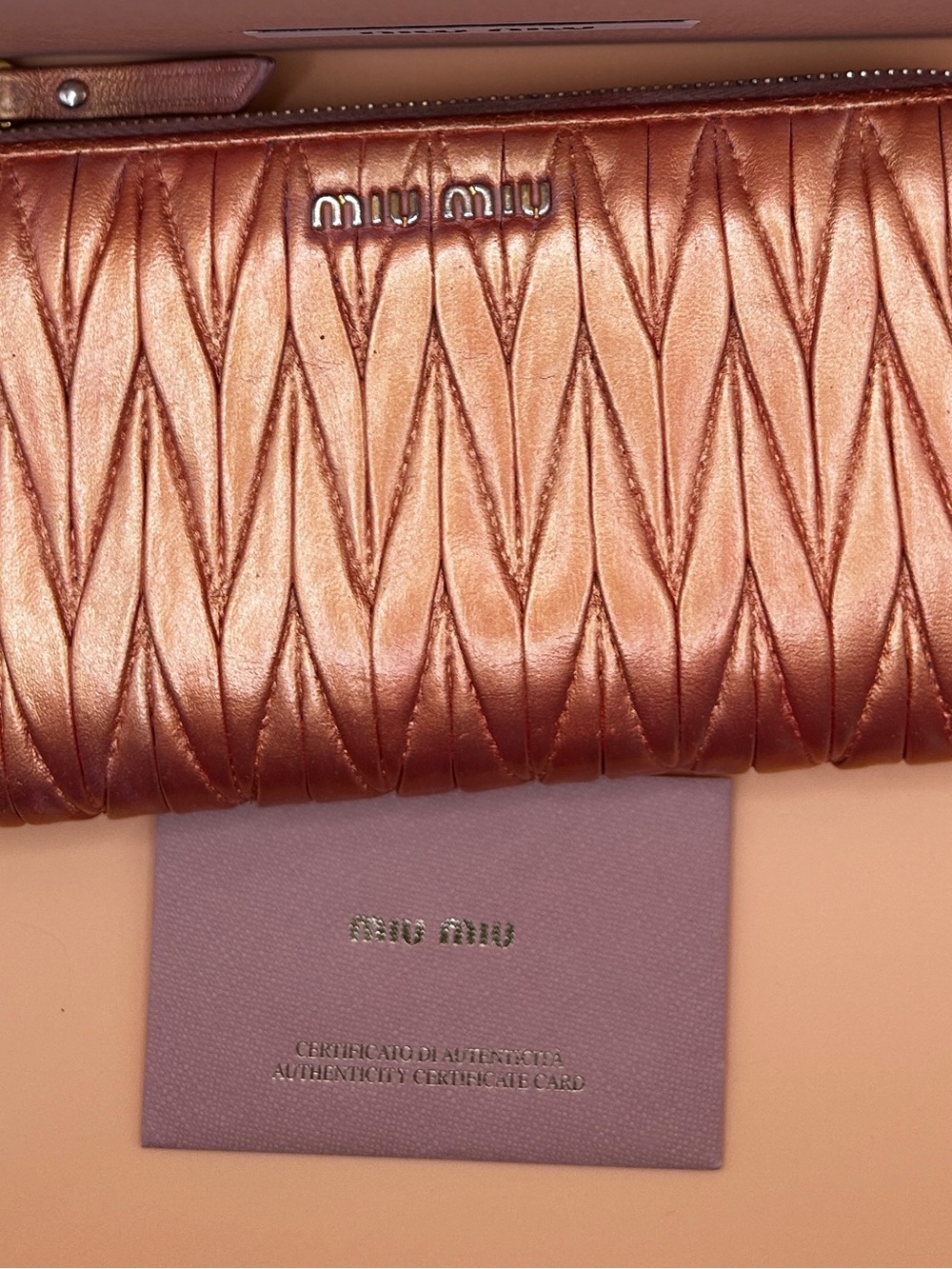 Miu Miu Quilted Metallic Rose Gold Wallet Clutch with COA and Box VGC